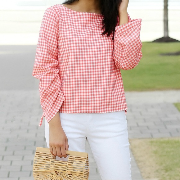 Gap Ruched Sleeve Gingham Top Size Medium Peony Pink 100% Cotton Poplin - Picture 1 of 11